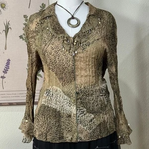 Vintage 90s Y2k Animal Print Crinkle Beaded Lace Collar Top Fairy Grunge Boho L - Picture 1 of 7