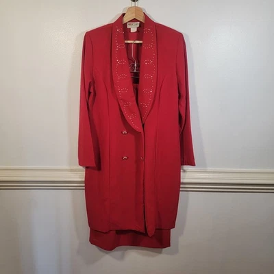 Conjunto de traje chaqueta falda roja Sara of California moda años 80 vintage para mujer talla pequeña Foto 1 de 4