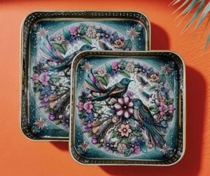 Birds & Flower Metal Tray Set of 2 Handcrafted Rectangular Serving Treats Guests - Picture 1 of 3