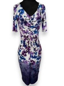 M&S Collection Dress Women's Size 8 Purple Floral Stretch Pencil Bodycon Ruched - Picture 1 of 13