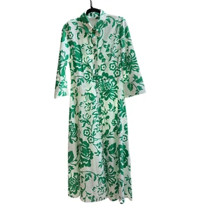 Zara Floral Green White Cotton Midi Shirt Dress Collared Button Front Size M - Picture 1 of 4