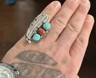 STERLING SILVER NATIVE AMERICAN SW TURQUOISE CORAL FEATHER RING SIZE 10 .925 