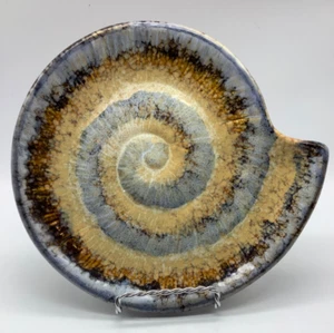 Ceramic Pottery Spiral Shell Plate/Dish, Blue/Gray/Brown/Tan Drip Glaze, 8” - Picture 1 of 4