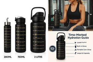 Motivational Water Bottle time Marked – 2L/750ml/250ml Black Reusable Gym Sports - Picture 1 of 6