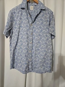 ROWM Button Up Shirt Mens Large Blue Leaves Leaf Short Sleeve 100% Cotton - Picture 1 of 10
