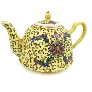 Yellow Teapot with Lid Decorative Floral & Scroll Designs 3" tall 5.5" Long - Picture 1 of 9