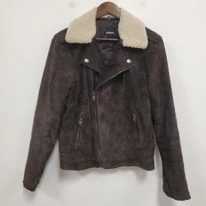 Express Womens Suede Leather Aviator Jacket Size S Brown Removeable Collar Moto - Picture 1 of 13