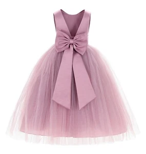 Satin Flower Girl Dress with Bow Party Dresses Bridesmaid Dress Graduation Dress - Picture 1 of 29