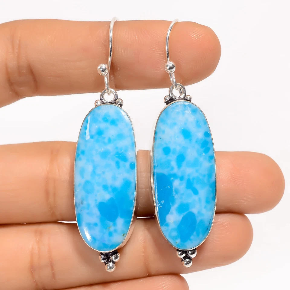 Pendientes colgantes de plata 925 con piedras preciosas de moda Larimar 2,1" ARE-4083 Foto 1 de 1