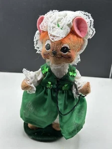 ANNALEE St. Patrick's Day GIRL MOUSE Shamrock GREEN Dress WHITE LACE HAT - Picture 1 of 7