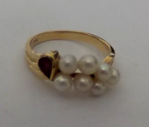 Antique Cultured 7 4mm Pearls and 5mm Ruby 18K Yellow Gold Ring Size5.75 - Picture 1 of 8