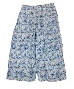 C & C California Pants Women Linen Blue Wide Cropped Tropical Sea Beach Sz L - Picture 1 of 9