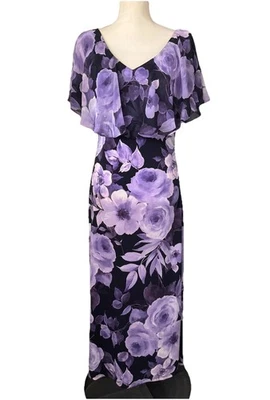 Vestido Connected Apparel Talla 10 Midi/Maxi Floral Azul Marino/Lavanda Estampado Volantes Cuello Foto 1 de 4