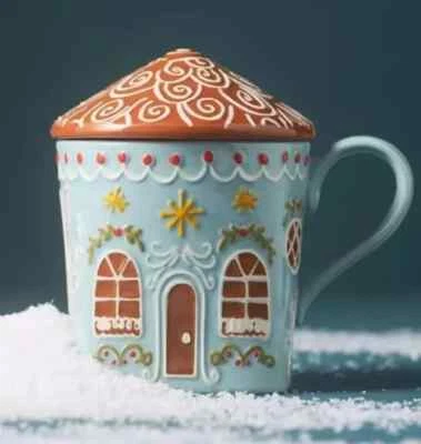 Anthropologie Ginger Stoneware Mug Christmas House Lid Blue NWT - Image 1 of 4