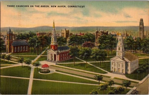 Postcard Churches On The Green New Haven Connecticut Linen Unposted - Bild 1 von 2