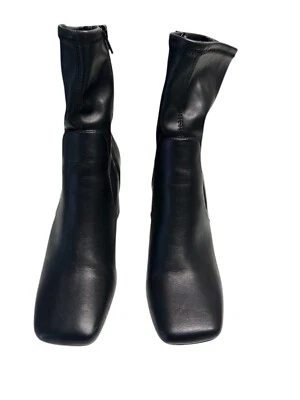 Black Faux Leather Square Toe Block Heel Ankle Boots With Side Zipper Closure Fo - Image 1 of 4