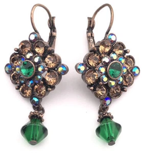 Retired JOAN RIVERS Copper Tone Topaz/Emerald Green Crystal Drop Earrings,fjt - Picture 1 of 3