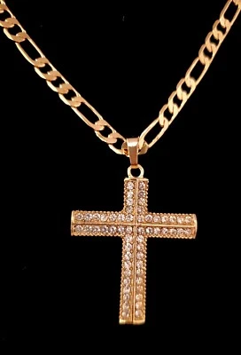 Collar Cruz Laminado Mexicana Chapado en Oro 14k Moneda Colgante Circonita Piedras Cadena 30"  Foto 1 de 4