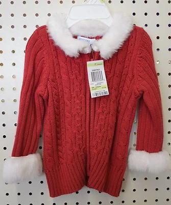 NW Baby 3-6 M RED White Faux Fur Girl Cardigan Greendog Christmas Santa Sweater - Image 1 of 2