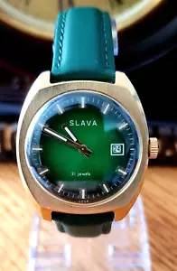 Vintage watch SLAVA. Green. Gold. Au 10. Soviet. MADE IN USSR. - Picture 1 of 23