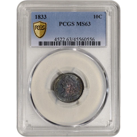 1833 US Capped Bust Silver Dime 10C - PCGS MS63 Cover