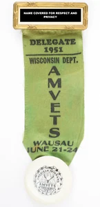 1951 American WWII Veteran AMVET Convention Delegate Badge Ribbon Wausau WI - Picture 1 of 6