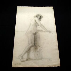 Niebek. Artystka akt kobiecy rysunek węglem unikat 1920 monogram " MGE "