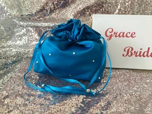 TURQUOISE DIAMANTE DUCHESS SATIN DOLLY BAG MAID. PROM FLOWER GIRL*UK MADE/SELLER - Picture 1 of 6
