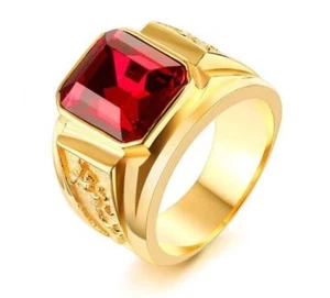 18K GOLD EP RUBY CZ EMERALD CUT MENS DRESS RING SIZE 7-15 YOU CHOOSE - Picture 1 of 4