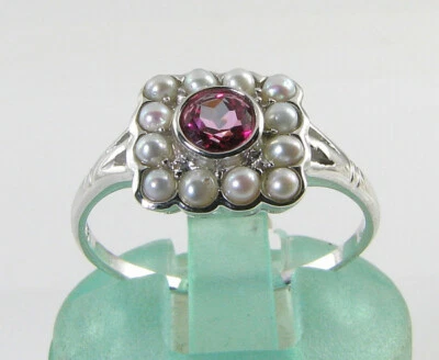 ANILLO DELICADO ORO BLANCO 9K 9CT TOPACIO ROSA PERLA ART DECO INS CAMBIO DE TAMAÑO GRATIS Foto 1 de 4