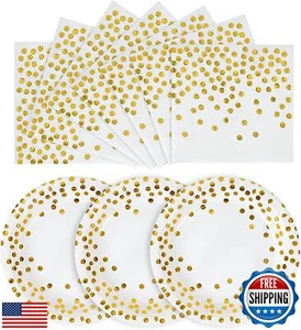 CENLBJ White and Gold Plates and Napkins -100 x 9inch Paper Plates and 100 x  - Picture 1 of 5