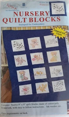 New Jack Dempsey Stamped Embroidery 12-9" x 9" Squares #300-24 Puppies Quilting  - Image 1 of 4