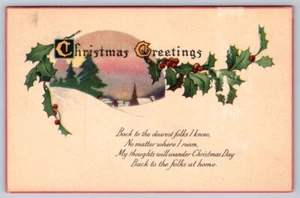Felicitaciones de Navidad, rima, acebo, escena rural de invierno, postal antigua de 1922 - Imagen 1 de 2