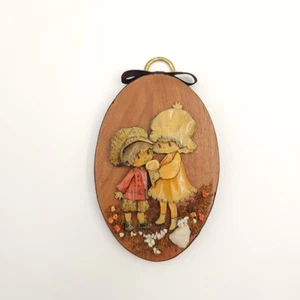 Vintage 70s MCM Oval Wood Holly Hobbie Style Bonnet 3D Layered Paper Wall Art - Picture 1 of 8