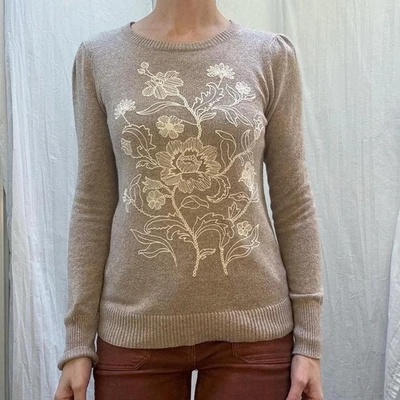 Suéter Pullover LOFT Floral Bordado Avena Manga Hinchada Cottagecore XS Foto 1 de 4