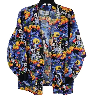 Unisex S Scrubs Halloween Fun Graphic Print Skeleton Pumpkin Cat Funky Btn Front - Image 1 of 4