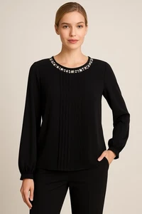 Karl Lagerfeld Paris Plisseebluse schwarz mit Perlenverzierung Damen Größe L " - Bild 1 von 7