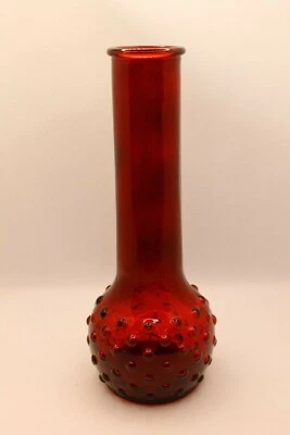Jarrón de vidrio rojo rubí Hobnail parte inferior redonda cuello largo 8,5" marcado EE. UU. 24 Foto 1 de 4