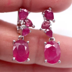 Caliente 7x 10Mm. Rosa Rubí Pendientes 925 Plata de Ley Bañado en Oro Blanco - Imagen 1 de 4