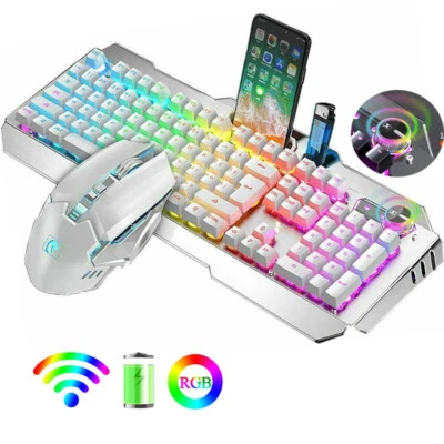 UK Cordless Wireless Gaming Keyboard and Mouse Set LED Backlit Mechanical Keypad - Image 1 of 4