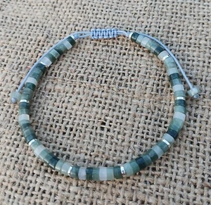 GREEN LINE JASPER & SILVER HEMATITE HEISHI BEAD GEMSTONE BRACELET - Picture 1 of 2