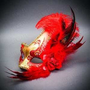 Venetian MardiGras RED Glitter Masquerade Side Feather Women Face Mask Gold - Picture 1 of 5