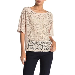Blusa Pleione para mujer color tostado de encaje con cuello redondo manga corta transparente talla XS - Imagen 1 de 5