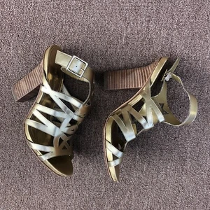 Vince Camuto Leather metallic gold heeled strappy sandals Womens 8.5 - Picture 1 of 9