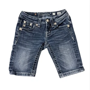 Miss Me Girls Denim Bermuda Short Sz 7  Embellished Pockets Spring Summer Modest - Picture 1 of 5