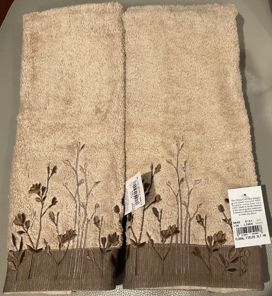 Avanti Ultima Set of 2 Beige Embroidered Bathroom Hand Towels Floral Fields - Image 1 of 1