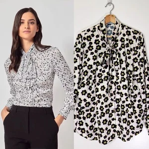 Hawes & Curtis Women's Black & White Flower Print Satin Pussy Bow Blouse Sz 18 - Picture 1 of 9