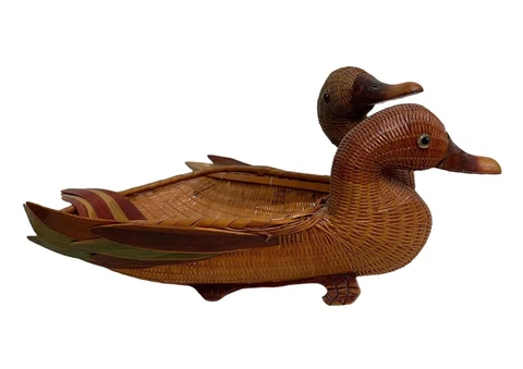 Figural Ducks Country Farmhouse Bread Basket/Decor Wicker Wood Primitive Cover