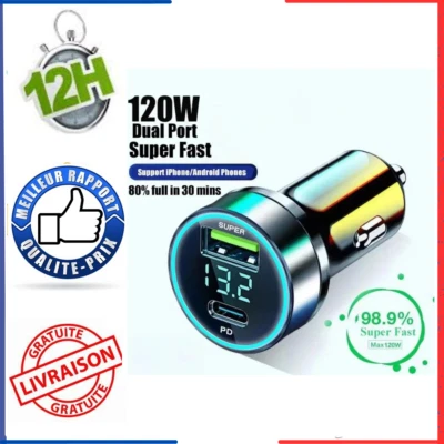 Chargeur allume cigare Voiture Rapide USB Type C IPhone Huawei Xiaomi Universel - Image 1 of 4