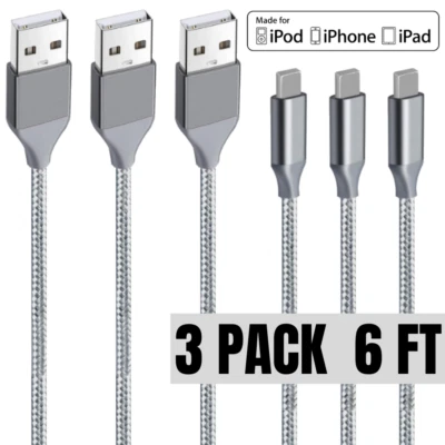 3 Pack 6Ft Heavy Duty USB Charger Cable Cord For iPhone 11 XR SE 6 7 8 iPad Lot - Image 1 of 4